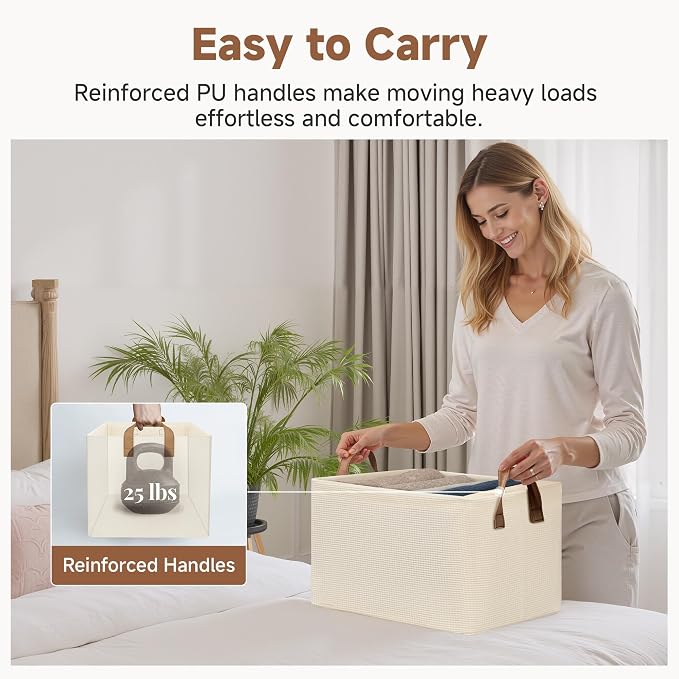 StorageWorks Closet Storage Bins, Shelves Baskets, Beige, 2-Pack | With Reinforced PU Handles, Sturdy Metal Frame, Collapsible, Basket for Shelves, Closet, Holds Clothes, Towels, Blankets