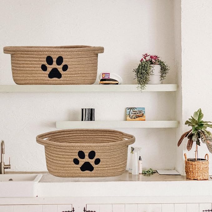 ABenkle Small Woven Basket with Handle, Cute Dog Baskets for Gifts Empty, Decorative Rope Woven Storage Dog Toy Basket, Nursery Baskets for Baby Shower, 12" x 8" x 5"