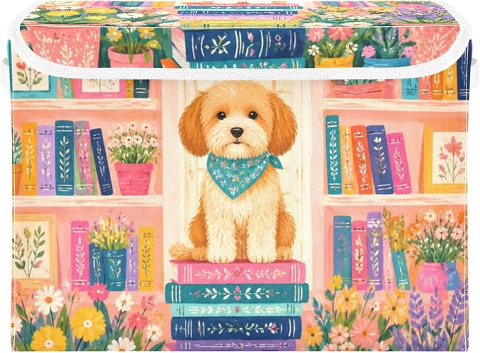 Fabric Storage Bins with Lid Cute Dog Floral Closet Storage Basket 40L | Foldable & Stackable, Flip Top Dust Guard, Reinforced Handles, Home & Bedroom, Clothes & Toys, Oxford Print Basket