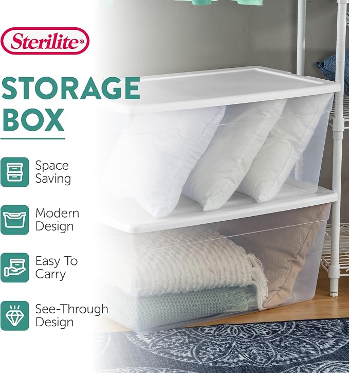 Sterilite Storage Box, Stackable Clear Plastic Bins, 90 Quart, 8-Pack | Heavy-Duty Organizing Containers with Snap-On Lids for Closet, Bathroom, and Office