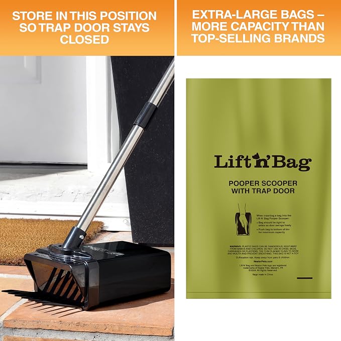 Neater Pet Brands Lift N’ Bag 2.0 Dog Pooper Scooper with Bag Attachment & 22" Pole for Small to Large Dogs, New & Improved Design, 195 Refill Bags, Heavy Duty Dog Poop Scooper for Yard, One-Hand Use