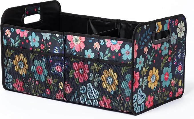 GreaterGood Paws Car Trunk Organizer Foldable Storage Bin with Handles Non Slip Base Pet Gear Travel Tote for SUV Truck (Floral Pawscape)