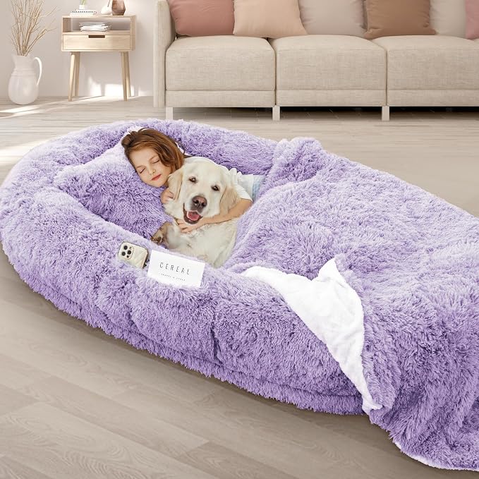 ROOMTEC Human Dog Bed, 78''x51''x12'' Size Fits Adult and Pet Washable Giant People Bed 10 CM Thick Memory Foam Large Oversize Pet Bed with Plump Pillow, Blanket, Strap - Purple