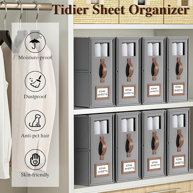 6 Pack Bed Sheets Organizers And Storage,Sheets Set Folder Keeper with Handle,Foldable Bedding Storage Box For Linen Closet,Duvet Cover(King Size-3.7 Gal,Beige)