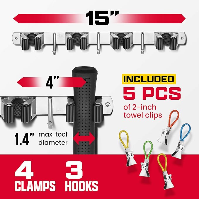 2 Pack Wall Mount Hanger for Brooms & Mops - Adhesive Stainless Steel Mop Hanger for Wall, 4 Clamps, 3 Hooks, 10 Towel Hanger Clips Including Mounting Hardware for Tools Organization