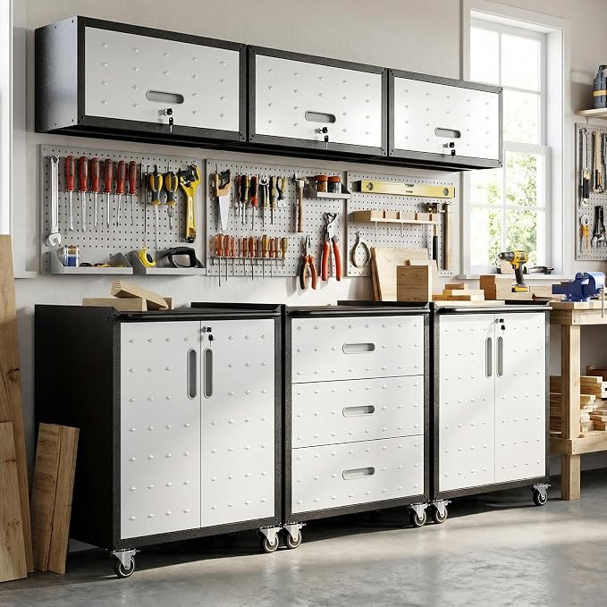 Garage Cabinet System | Heavy Duty Steel All-in-One Modular Garage Cabinet Set for Ultimate Workshop Organization | Easy Assembly Garage Storage Cabinets & Tool Bench