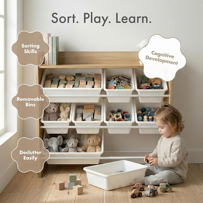 Humble Crew Kids Toy Organizer with Display Shelf, 9 Bins, 3 Tier Storage | Sturdy wood and steel toddler shelf, removable BPA-free containers, wall anchor anti-tip safety kit for bedroom or classroom