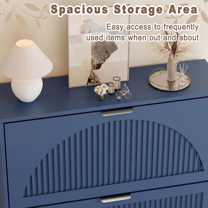 Shoe Storage Cabinet with 3 Flip Drawers, Narrow Wood Shoe Organizer Cabinet with Fluted Panel, Slim Shoe Rack for Entryway, Freestanding Shoe Cabinet for Living Room, Hallway, Blue