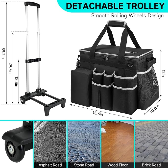 Cleaning Cadddy Bag with Rolling Cart, Lareg Cleaning Bag with Wheels | Cleaning Supplies Organizer with Detachable Trolley for Housekeepers, Housekeeping Cleaning Cart with Shoulder Strap & Handle