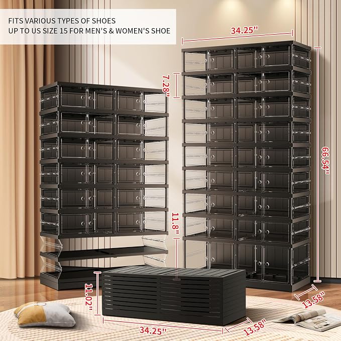 CIMLORD 9-Tier Foldable Shoe Rack, Magnetic Clear Doors, 36 Pairs, Black | Collapsible Large Plastic Shoe Cabinet, Stackable, Lidded, Tool-Free Assembly, Fits Boots & Sneakers, Closet & Entryway