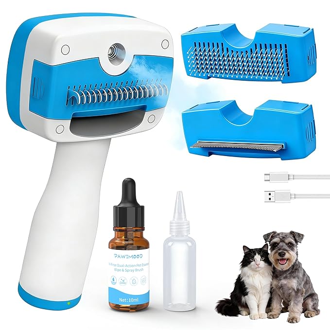 Dog Steam Brush for Dogs & Cats,5-in-1 Self-Cleaning Dog Steam Brush with 3 Swap-in Heads (Grooming, Dematting, Deshedding),Renu Dog Brush for Shedding & Hair Removal,Includes Cat Waterless Shampoo