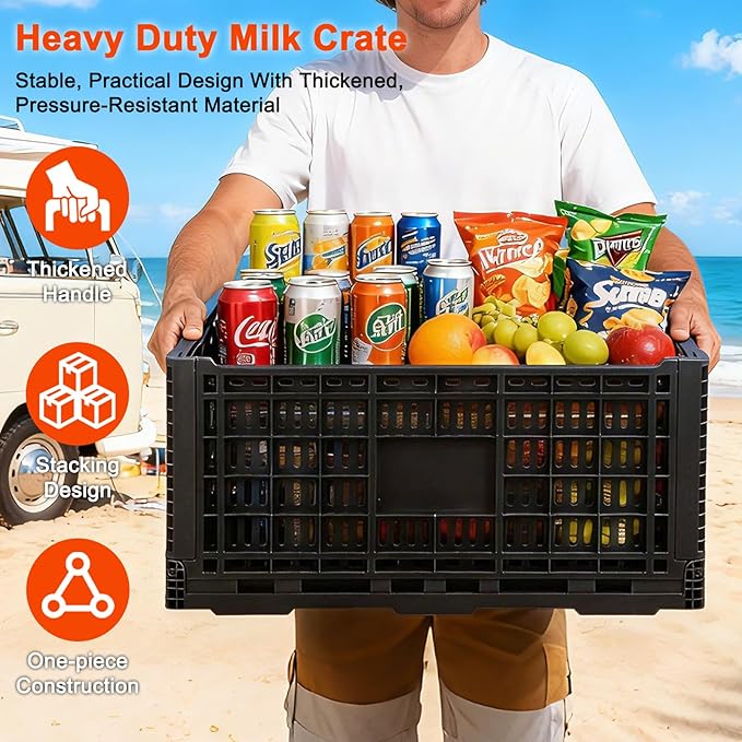 72L Collapsible Milk Crate with Handles, | Large Plastic Crate, Heavy Duty Folding Storage Crates for Home Organizing, Tools, Books, Camping & Transport
