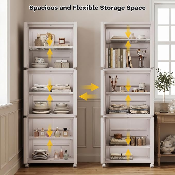 3-Tier Tall Narrow Plastic Storage Cabinet, Foldable | Rolling Organizer with Lid,Doors,Stackable, Adjustable Shelves, Durable PP,Freestanding Bathroom Cabinet for Small Slim Space