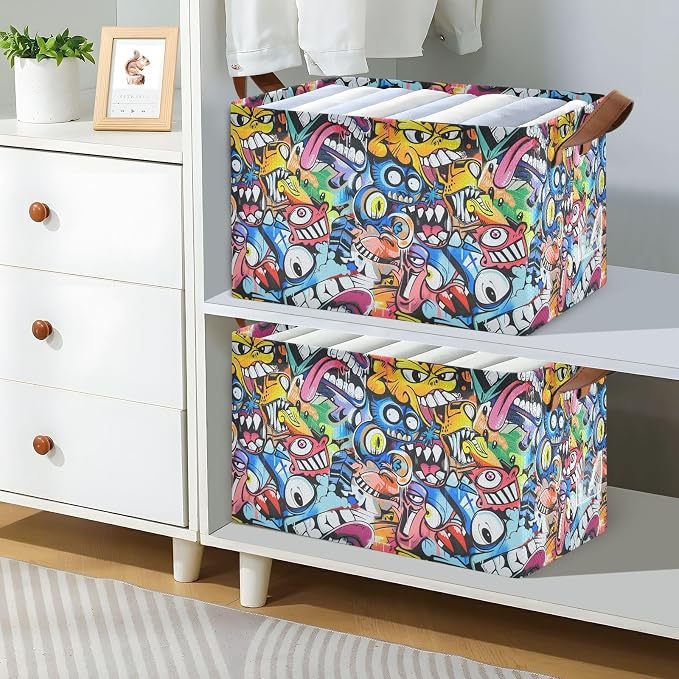 Colorful Street Graffiti Art Monkey Baby Storage Basket with Labels&Handles Rectangular Waterproof Nursery Storage Bins Collapsible Shelf Organizer Baskets for Kids Books Cloth Gift Toys Laundry, 2 PC