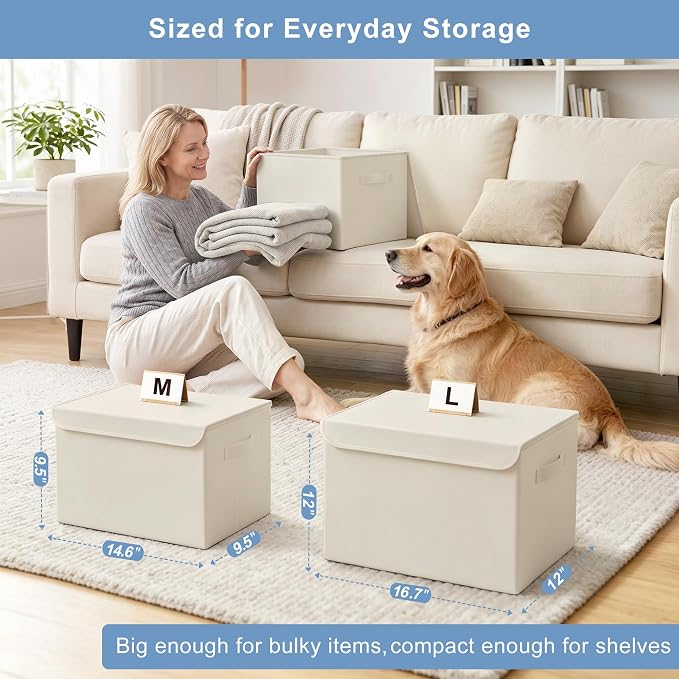 Large 22 Quart [4-Pack] Linen Fabric Foldable Storage Bin Cube Organizer Basket with Flip-Top Lid & Handles, Clothes Blanket Box for Home, Office, Closet (14.6 x 9.5 x 9.5, Beige)