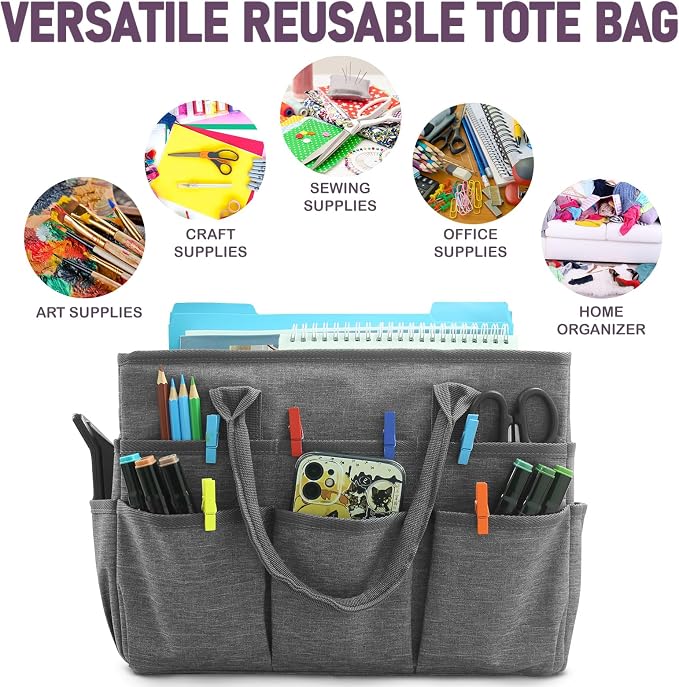 Cupohus Art Organizer Craft Storage Tote Bag with Pockets and Handles Grey | Portable Supply Storage for Sewing, Scrapbooking, Journal, Oxford Fabric Carrying Caddy for Teacher, Officer, Artist