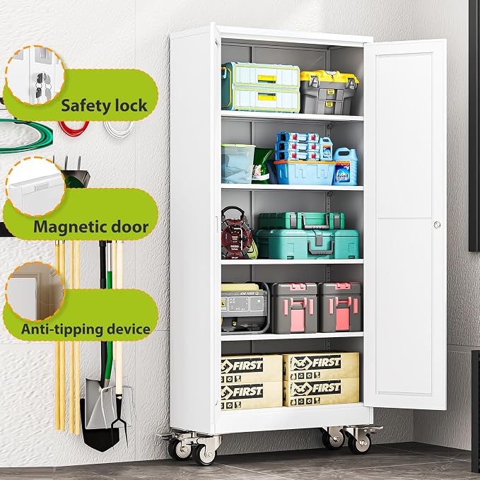 71-Inch Metal Garage Storage Cabinet with Wheels, Locking Doors and Shelves | 4 Adjustable Shelves, Locking Doors, Magnetic Closure, 360° Casters, Anti-Tip Kit, Cold-Rolled Steel