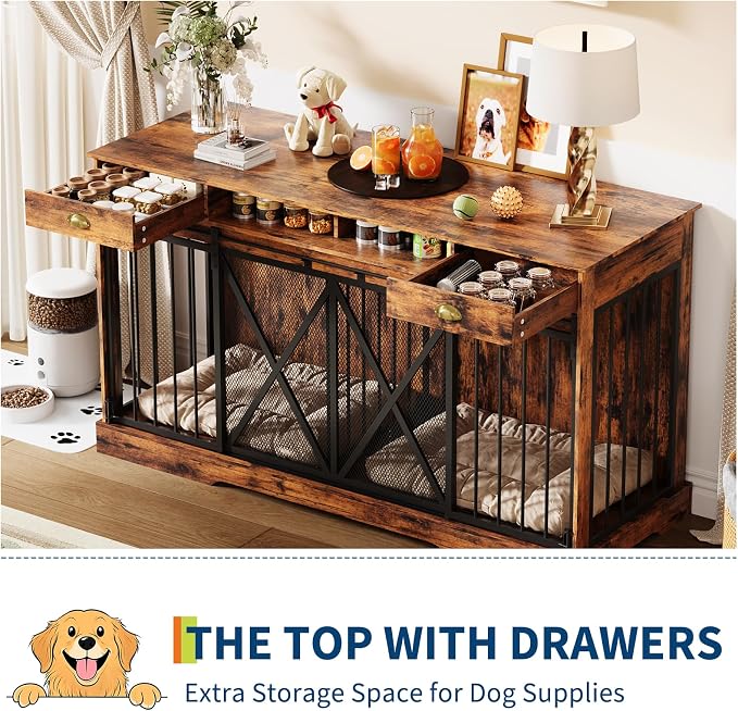 Garvee 63'' Double Dog Crate with Removable Divider | Extra Large Dog Cage Furniture with Sliding Doors & 2 Drawers, Multifunctional Indoor Pet House TV Stand for 2 Pets