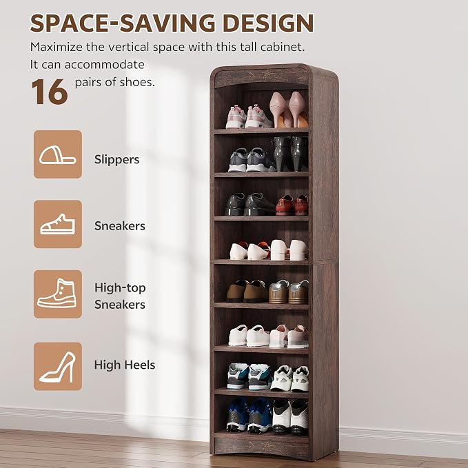 67.6” Tall Shoe Cabinet 8-Tier with Adjustable Shelves, Espresso | Freestanding Shoes Organizer Cabinet for Entryway, Hallway, Living Room