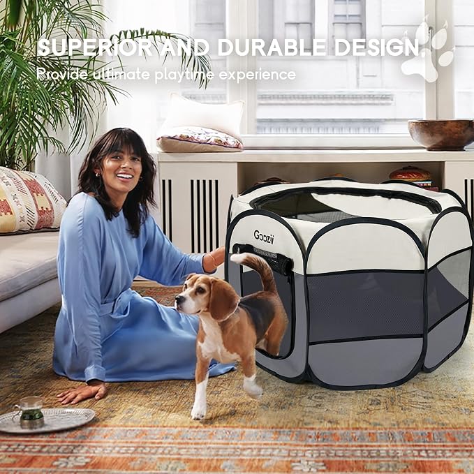 Goozii Pet Cat Playpen for Indoor Cats Enclosed, Puppy Dog Play Pen for Outdoor Travel Camping (Large Size, Beige & Dark Grey)