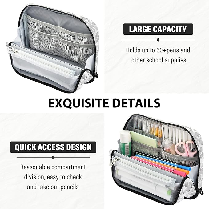Aslsiy Large Capacity Pencil Case Floral Baroque Damask Grey (4) Pencil Pouch for Boys Girls Portable Pen Bag Organizer Standing Makeup Bag for School Office Supplies