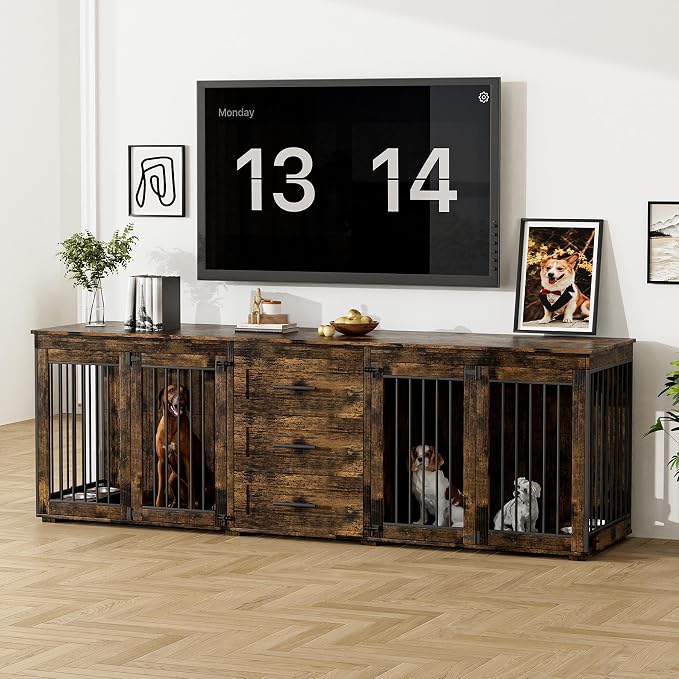Rophefx 94.5" Dog Crate Furniture for 2 Dogs, Wooden Kennel TV Stand,Brown | Indoor double dog house with 3 storage drawers, 4 feeding bowls, lockable doors, and a wide top for large and medium dogs