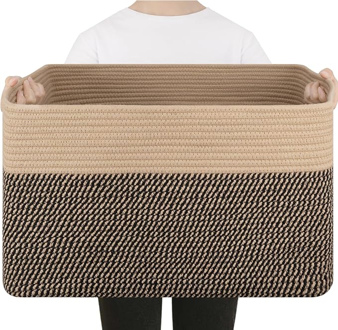 75L Large Cotton Rope Basket, Soft Toy Storage Bin for Nursery & Living Room, Decorative Blanket Basket for Bedroom, Baby-Safe Organizer for Pillows &Laundry, 22''×17''×12'', Brown & Black