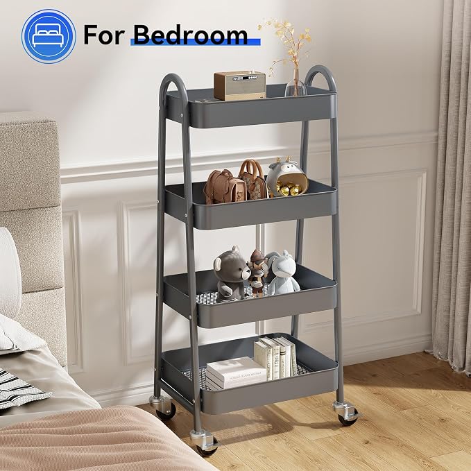 OLIXIS Metal 4 Tiers Rolling Storage Utility Cart with Lockable Wheels | Mobile Organizer Shelf, Space-Saving, Freestanding, Bathroom, Living Room, Slim, Narrow Corner Spaces, Gray