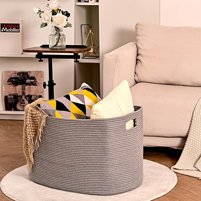 ICERZCZ Large Grey Storage Basket, Blanket Baskets for Living Room, Large Toy Basket for Storage, Woven Cotton Rope Baskets for Blankets, Clothes, Shoes, Books, Grey, 25”x16”x16” (105L)