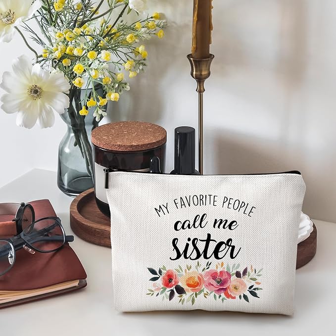 DILSJ Sister Gifts Makeup Bag, Sisters Gifts For Christmas Bags For Women, My Favorite People Call Me Sister Zipper Makeup Pouch Travel Organizer Toiletry Bags & Cases