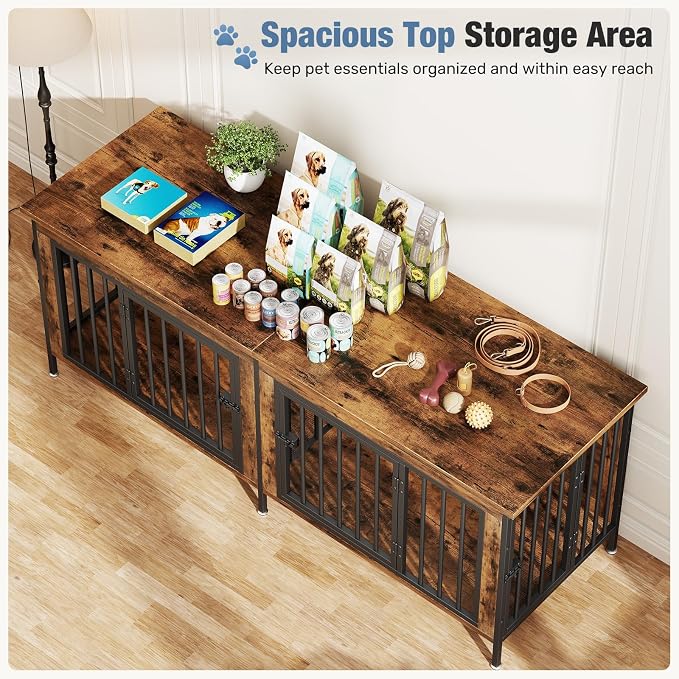 DUMOS 63" Dog Crate Furniture for 2 Dogs with Divider, Rustic Brown | Wooden Dog Kennel Furniture, Medium Breed Center Divider and Double Doors, Heavy Duty Indoor Dog Cage, TV Stand, Side Table