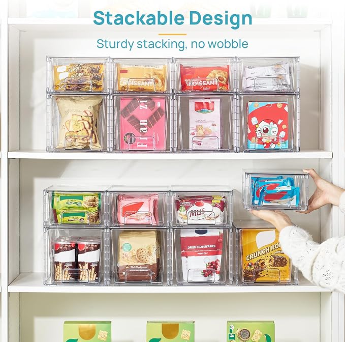 Vtopmart Clear Stackable Storage Drawers, 8 Pack Medium Set | Medium and Small Pull-Out PET Drawers for Consistent Organization, Stackable Storage Solution for Cabinets, Closets, Pantry