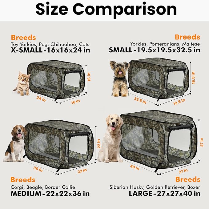 Portable Collapsible Pop Up Kennel, 24" L x 16.6" W x 16" H, Camo Green | Collapsible indoor/outdoor travel cat and dog crate with mesh screen windows pops up and folds flat for easy storage