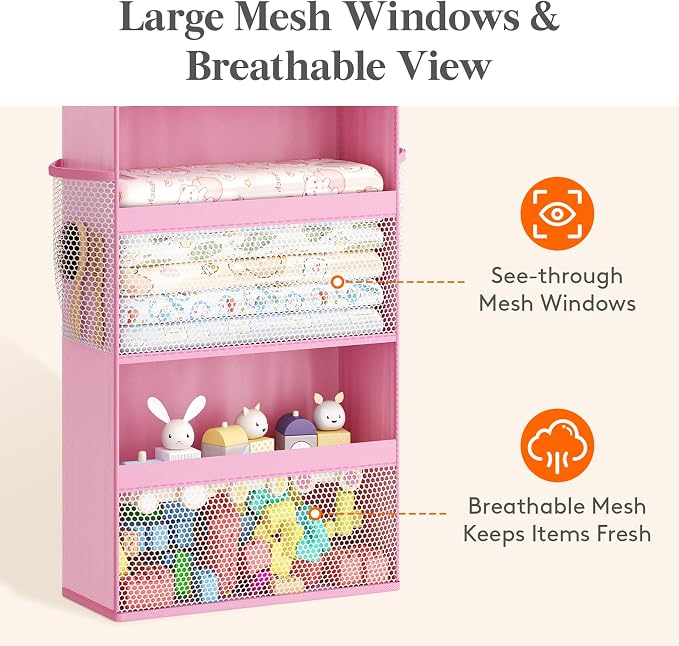 Lifewit 5 Tier Over the Door Organizer, Diaper Hanging Storage, Pink | Nursery Sturdy Large Heavy Duty Back of Door Shelf with 4 Mesh Side Pockets, for Baby Stuff Toy in Pantry, Laundry, Bathroom