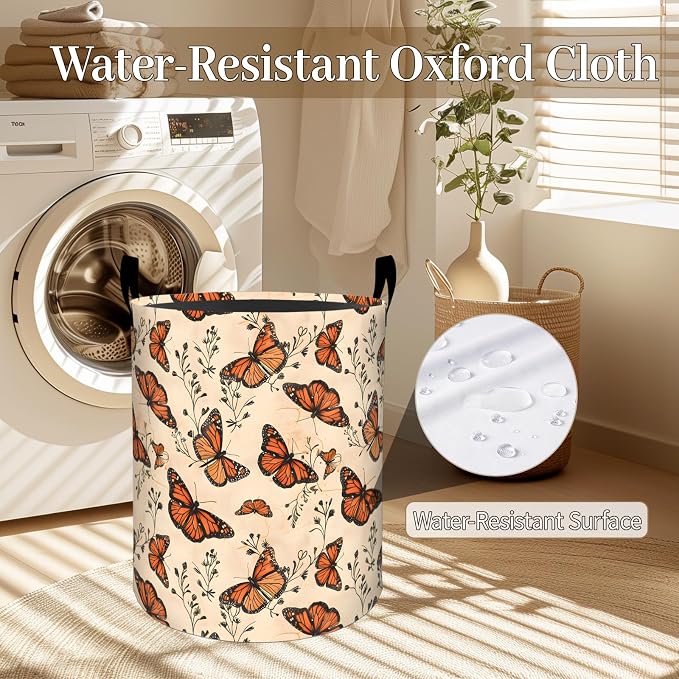 Butterfly Laundry Basket, Vintage Butterflies Foldable Oxford Cloth, Waterproof Dirty Clothes Hamper with Handles, Clothing Storage Bin Toy Organizer for Bedroom Dorm Bathroom, 19.7"x15.7"