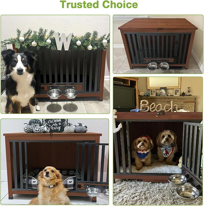 GUTINNEEN Dog Crate Furniture with Bowl for Travel Foldable Dog Crate with Chew-Proof Design Pull-Out Tray Carrying Puppy Cage (Brown)