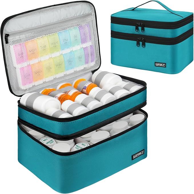 LEFOR·Z Medicine Storage Bag,Double Layers Pill Bottle Organizer Bag Empty | Medical Supplies Bag with Lockable Zipper & Adjustable Divider,Medication Travel Carrying Bag for Pills,Vitamins,Teal Color