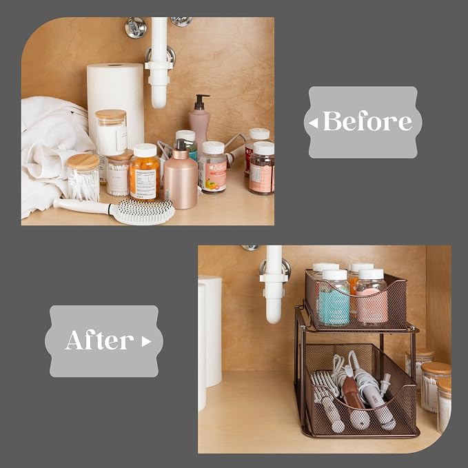 Sorbus Pull-Out Under Sink Organizer, Mesh Construction (Bronze, 1 Pack) | Two-tier metal organization with strong steel and sliding drawers for bathrooms, kitchens, cabinets, closets and pantries.