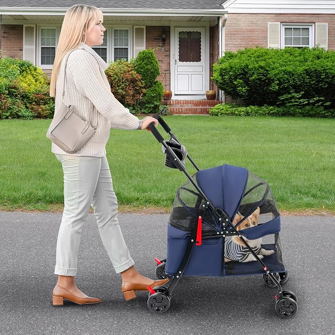 Pet Stroller for Small Medium Dogs Up to 40lbs, 4 Wheels Folding Pet Carriage Cart for Dogs Cats, Portable Cat Puppy Jogging Stroller with Rear Pocket and Cup Holder (Upgraded, Navy Blue)