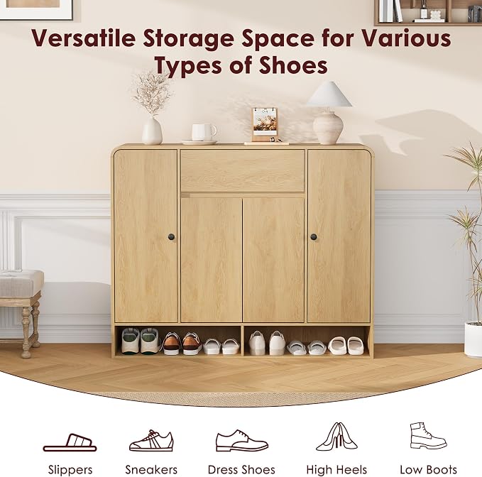 Garvee Shoe Cabinet with 4 Doors and 1 Drawer, Freestanding Wood Shoe Storage Organizer with Open Bottom Shelf, Modern Entryway Shoe Cabinet for Hallway, Foyer, Natural Oak