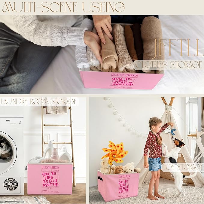 Trendy Preppy Y2k Pink Storage Bins with Handles, You're Like Really Pretty Guest Check Collapsible Laundry Basket Storage Box for Home Bedroom Bathroom Clothes Toys Books