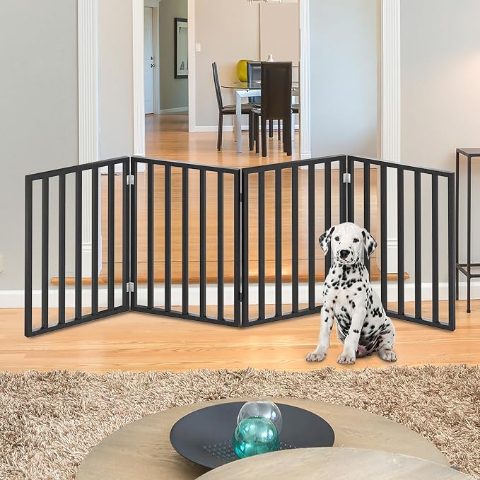 Pet Gate - 4-Panel Indoor Foldable Dog Fence for Stairs, Hallways, or Doorways - 72x24-Inch Wood Freestanding Dog Gates by PETMAKER (Black)