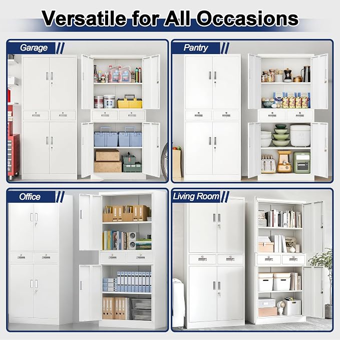 BESFUR Metal Storage Cabinet with 2 Drawers 4 Doors and 2 Adjustable Shelves Garage Storage Cabinet with Lock 71" Office Storage Cabinets Locking Cabinets for Garage Office Shop Home (White)