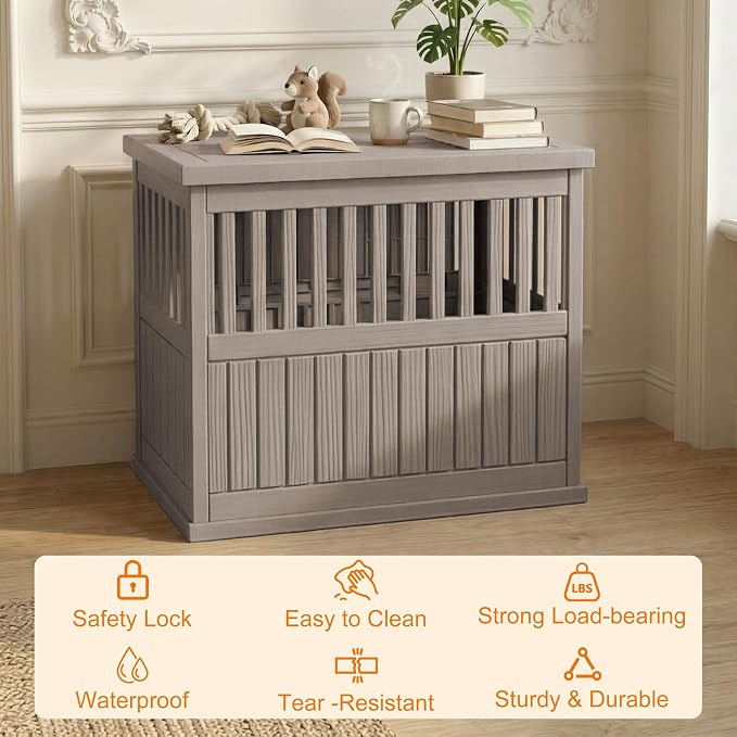 EFU 32 Inch Small Dog Crate Furniture, Indoor Dog Kennel, Puppy Pet House | Resin Pet House End Side Table, Waterproof Puppy Crates Cage for Medium Small Dogs to 45 lb, Grey