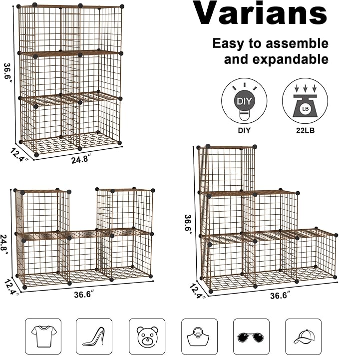 C&AHOME Wire Cube Storage, 6 - Cube Organizer Metal C Grids Units, Brown | Modular Shelves Units, Closet Organizer, Storage Bins Shelving, Ideal for Home, Office, Living Room