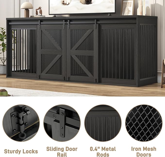 jiteentarou87In Farmhouse Dog Crate TV Stand, Wooden Dog Kennel Furniture with Sliding Metal Mesh Barn Door, Large Dog Crate Furniture for 2 Dogs, Solid Metal Tube & 2 Lockable Doors, Wood Grain Black