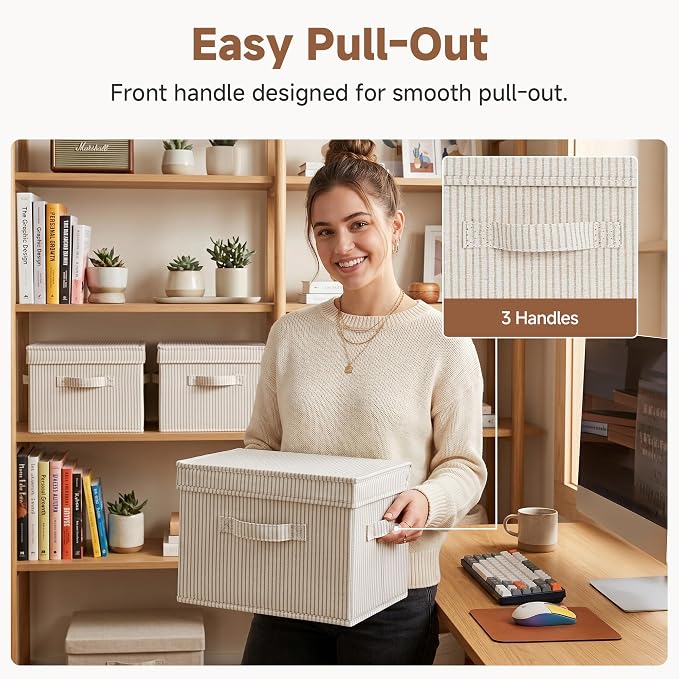 StorageWorks Fabric Storage Bins with Lids, Closet Storage Bins | Flip-Top Lid, 3 Handles, Collapsible, Stackable, for Clothes Blankets, Multi-Purpose, Medium, Khaki and Beige Stripes, 2-Pack