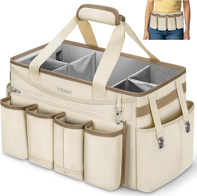 Ytonet Extra Large Cleaning Caddy Bag with Detachable Apron, Cleaning Supplies Organizer with Foldable Dividers, Portable Cleaner Tote with Handle, Cleaner Caddy for Kitchen, Detailing Bag, Apricot