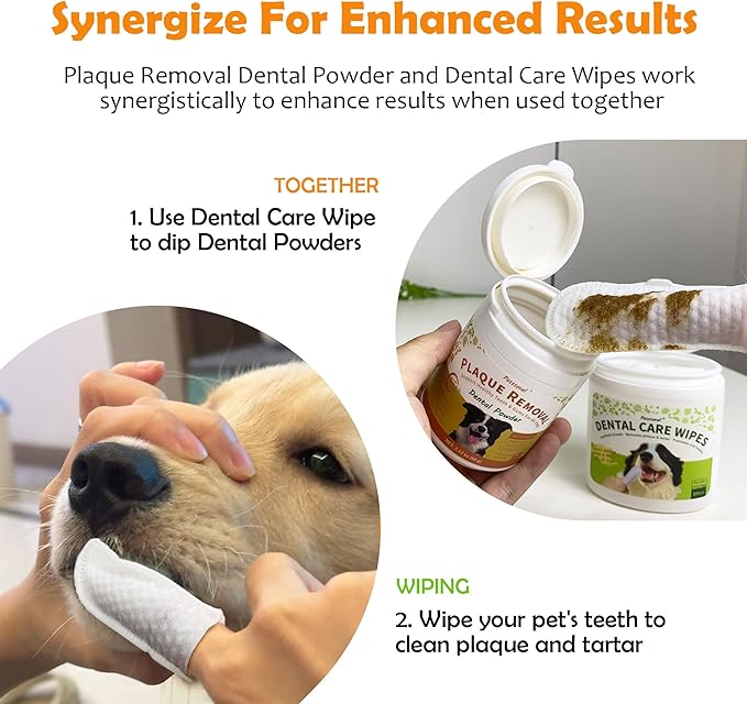 Petstoral Dental Cleaning Kit, Dental Care Wipes to Clean Plaque on The Surface of The Teeth, Beef Liver Flavour Dental Powder with Probiotic to Solve Oral Problems from The Inside of Digestion