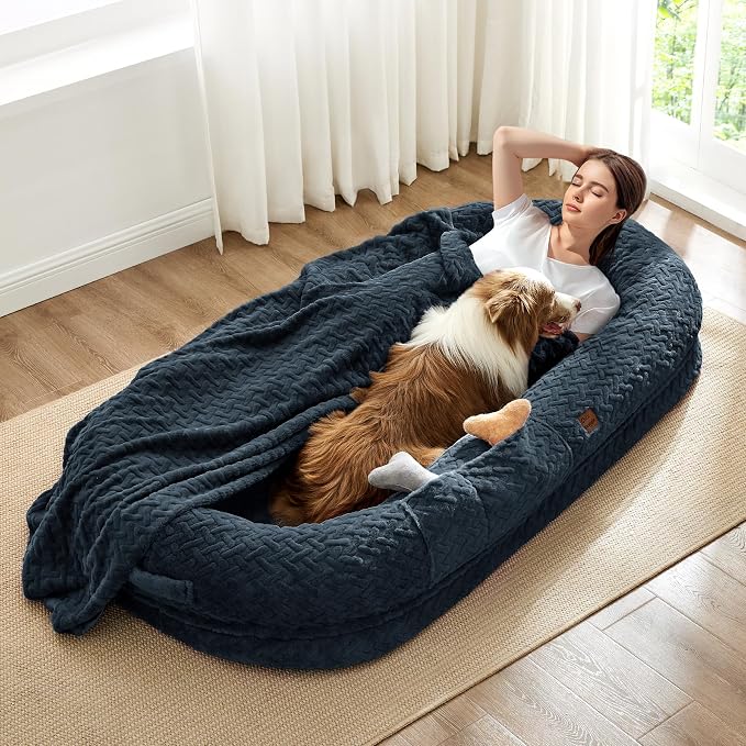 ChiXnuggle Orthopedic Human Dog Bed,with Faux Fur Washable Cover,Blanket | navy,72*40*10,giant dog bed for adult or extra large dogs,egg crate foam,non-slip bottom